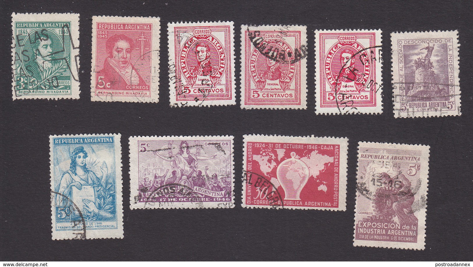 Argentina, Scott #544-545, 547-550, 552-553, 558-559, Used, People And Culture Of Argentina, Issued 1945-46 - Used Stamps