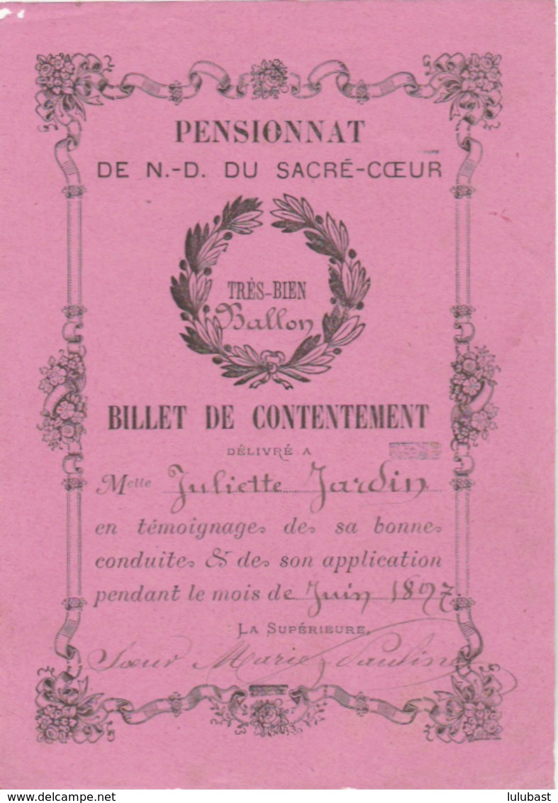 BALLON (Sarthe) : Bulletin De Contentement (?) Avec Mention "Très Bien" De L'Ecole Des Soeurs ... Marie-Pauline. - Diplômes & Bulletins Scolaires