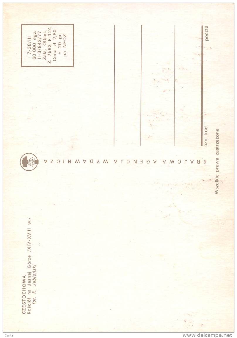 CPM - CZESTOCHOWA - Kosciol Na Jasnej Gorze - Pologne