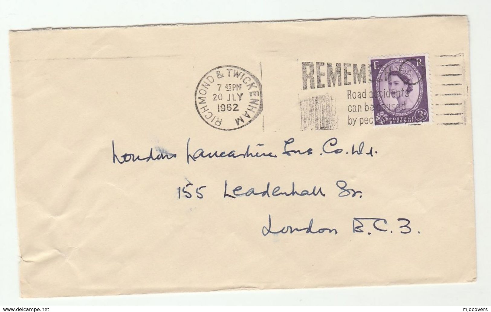 1962 Richmond Twickenham GB COVER SLOGAN Pmk ROAD ACCIDENTS CAUSED BY PEOPLE LIKE YOU Stamps Road Safety - Accidents & Road Safety