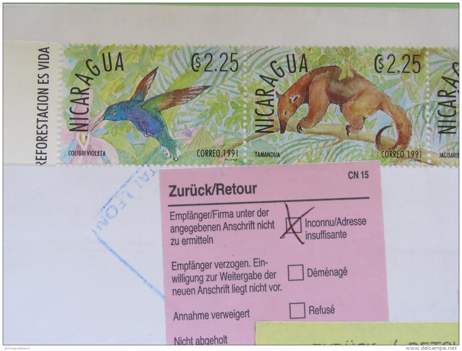 Nicaragua 2016 Cover To Germany - Sent Back - Animals Hummingbird Boa Anteater Jaguar Coati Ocelot - Nicaragua