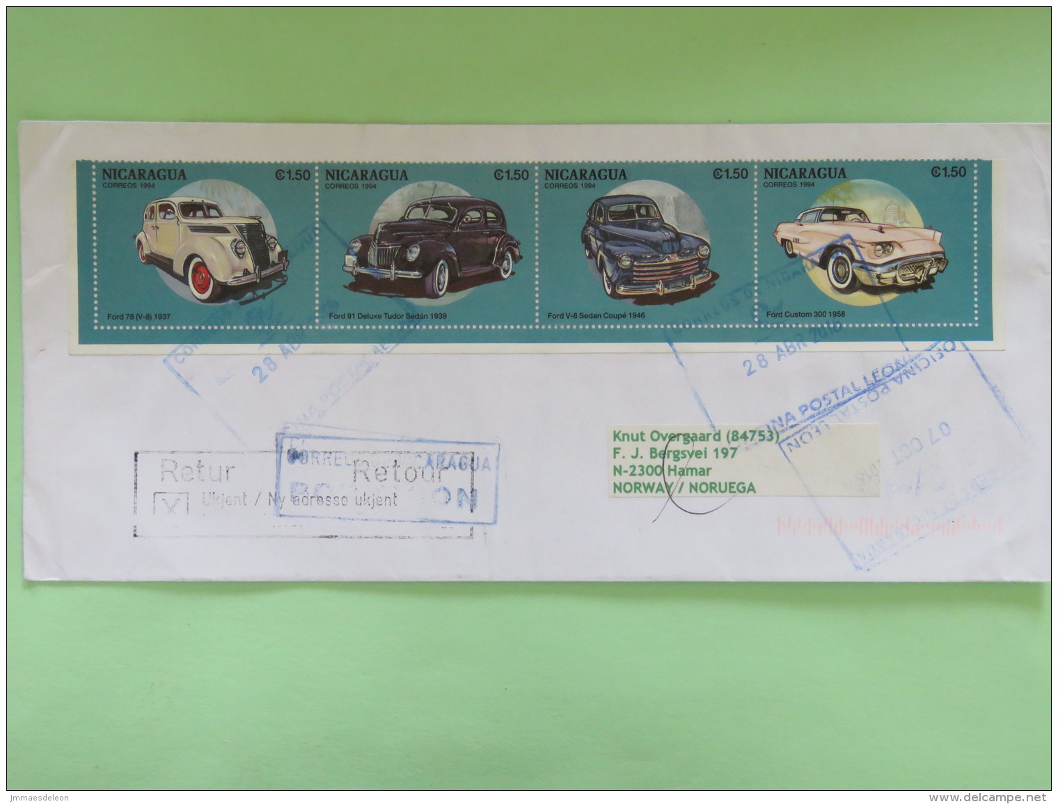 Nicaragua 2016 Cover To Norway Sent Back - Cars Ford - Train Birds Orchid Flower Butterfly - Nicaragua