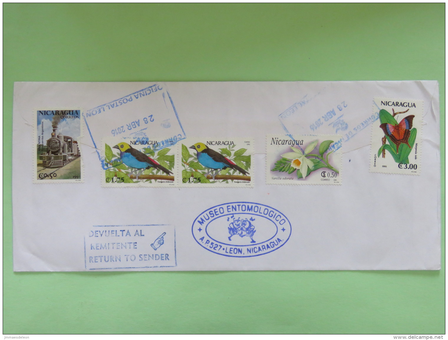 Nicaragua 2016 Cover To Norway Sent Back - Cars Ford - Train Birds Orchid Flower Butterfly - Nicaragua