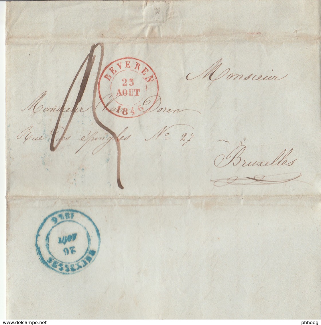 LAC Type 15 BEVEREN 25 Aout 1846 Vers Dc Bleu Bruxelles - 1830-1849 (Belgique Indépendante)