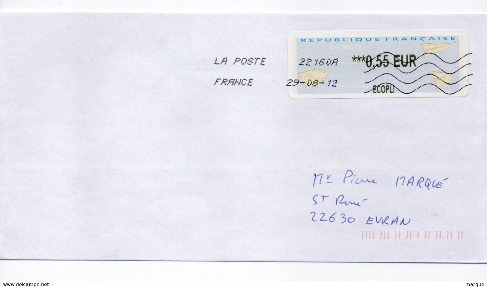 Enveloppe FRANCE Avec Vignette D' Affranchissement Oblitération LA POSTE 22160A 29/08/2012 - 2000 Type « Avions En Papier »