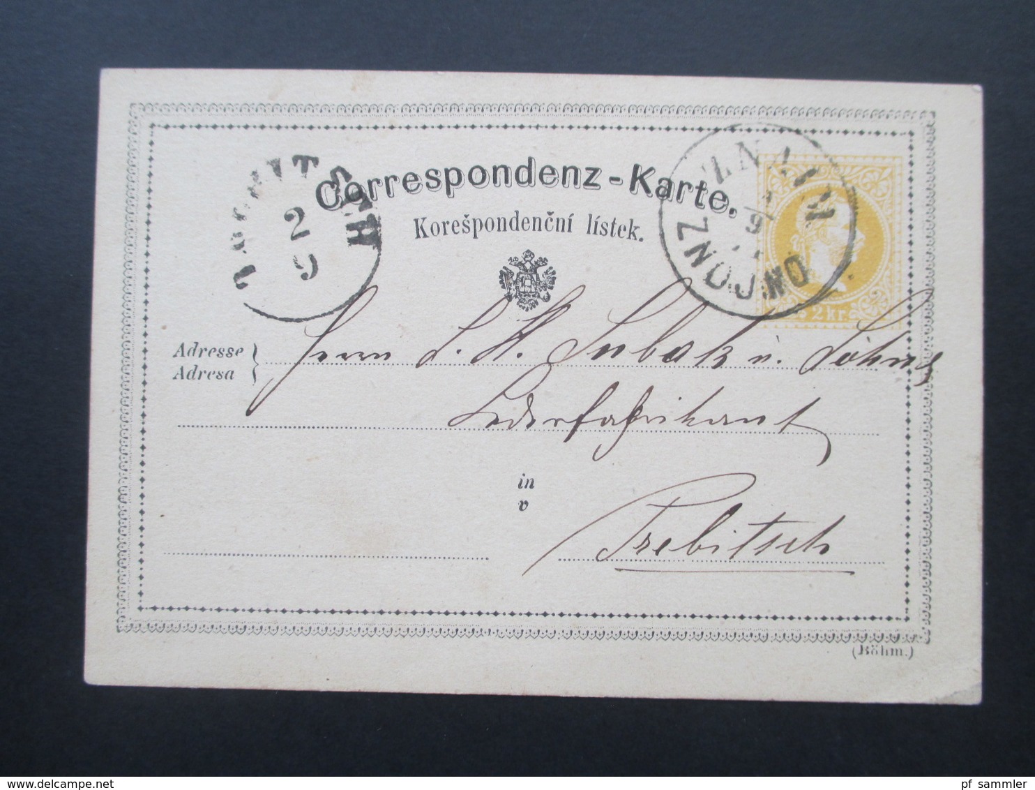 Österreich 1874 Ganzsache Stempel Znaim Znojno Nach Trebitsch Mit AK Stempel Karte Böhm. - Briefe U. Dokumente