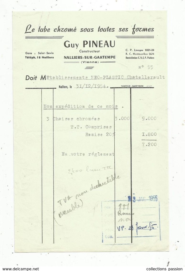 Facture , Tube Chromé , Guy PINEAU ,Vienne , NALLIERS SUR GARTEMPE ,1954 - 1950 - ...