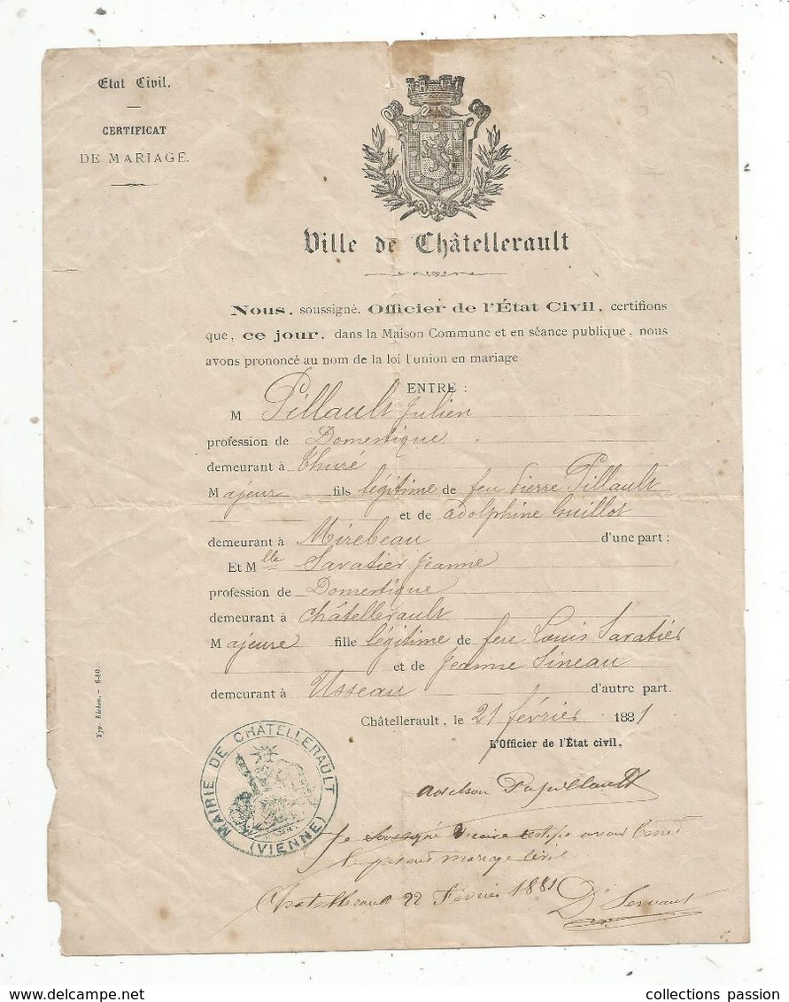 Certificat De Mariage ,86 ,Vienne , Chatellerault,1881, Frais Fr 1.55 E - Ohne Zuordnung