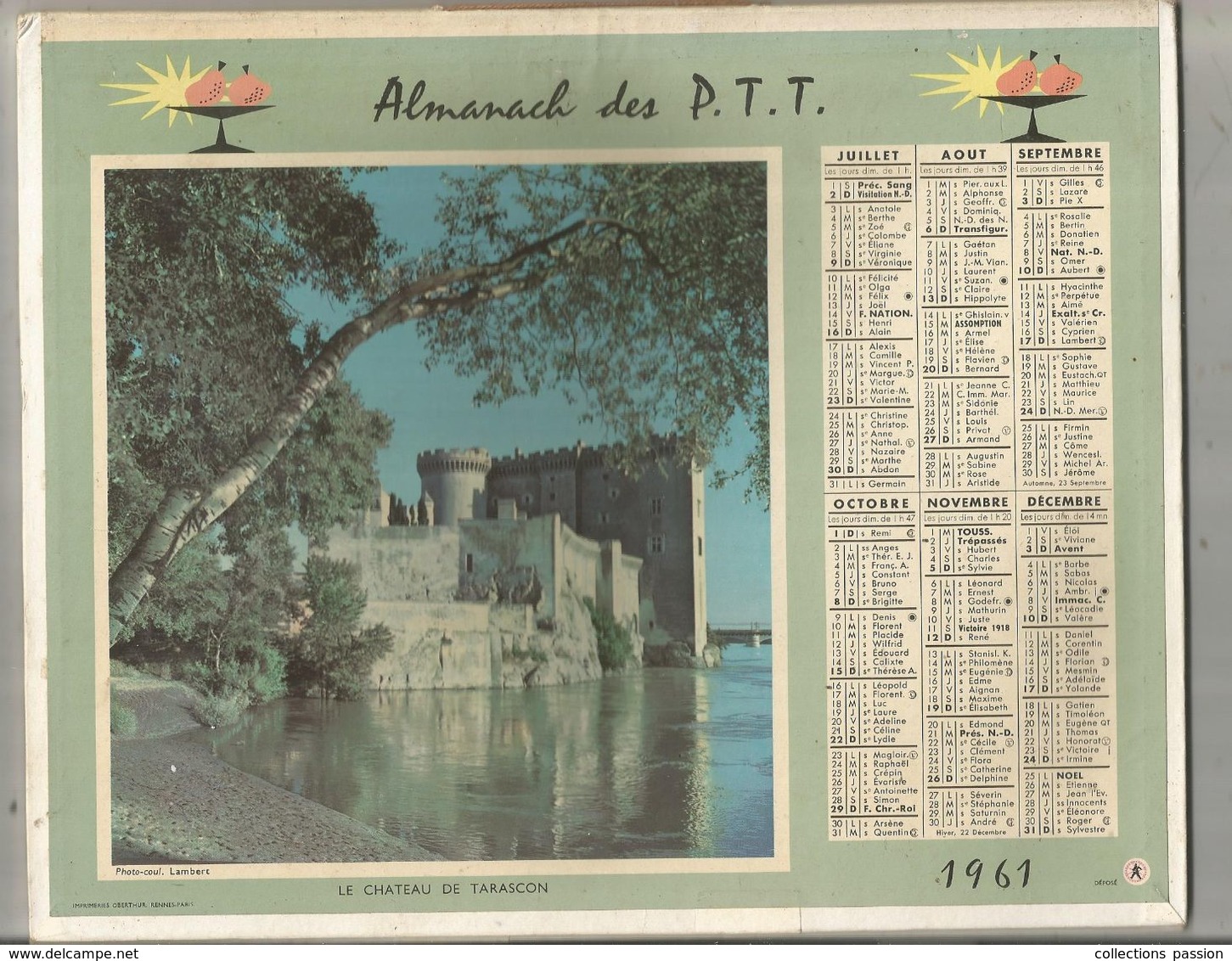 Calendrier Grand Format , Almanach Des P.T.T. ,1961, AIX , TARASCON, 2 Scans, Frais Fr 2.85 E - Grossformat : 1961-70