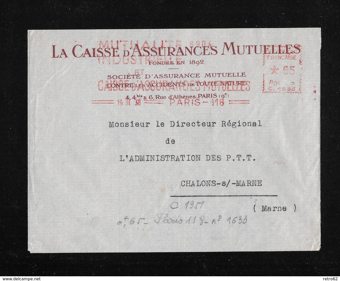 1938 Lettre Paris (La Caisse D'Assurances Mutuelles) à Chalons S. Marne ►RRR◄ - Briefe U. Dokumente