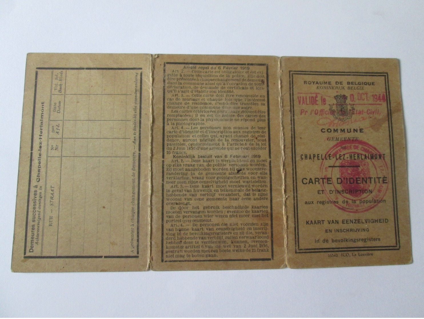 1944 The Kingdom Of Belgium-Identity And Registration Card/Carte D'identite Et D'inscription - Documents Historiques