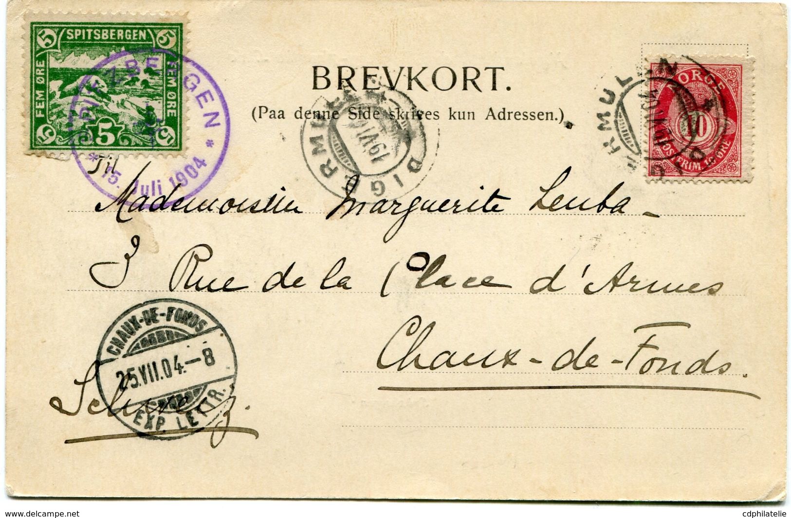 NORVEGE CARTE POSTALE AVEC VIGNETTE VERTE "SPITSBERGEN" AVEC OBL. VIOLETTE.... DEPART DIGERMULEN 19 VI 04 POUR LA SUISSE - Sonstige & Ohne Zuordnung