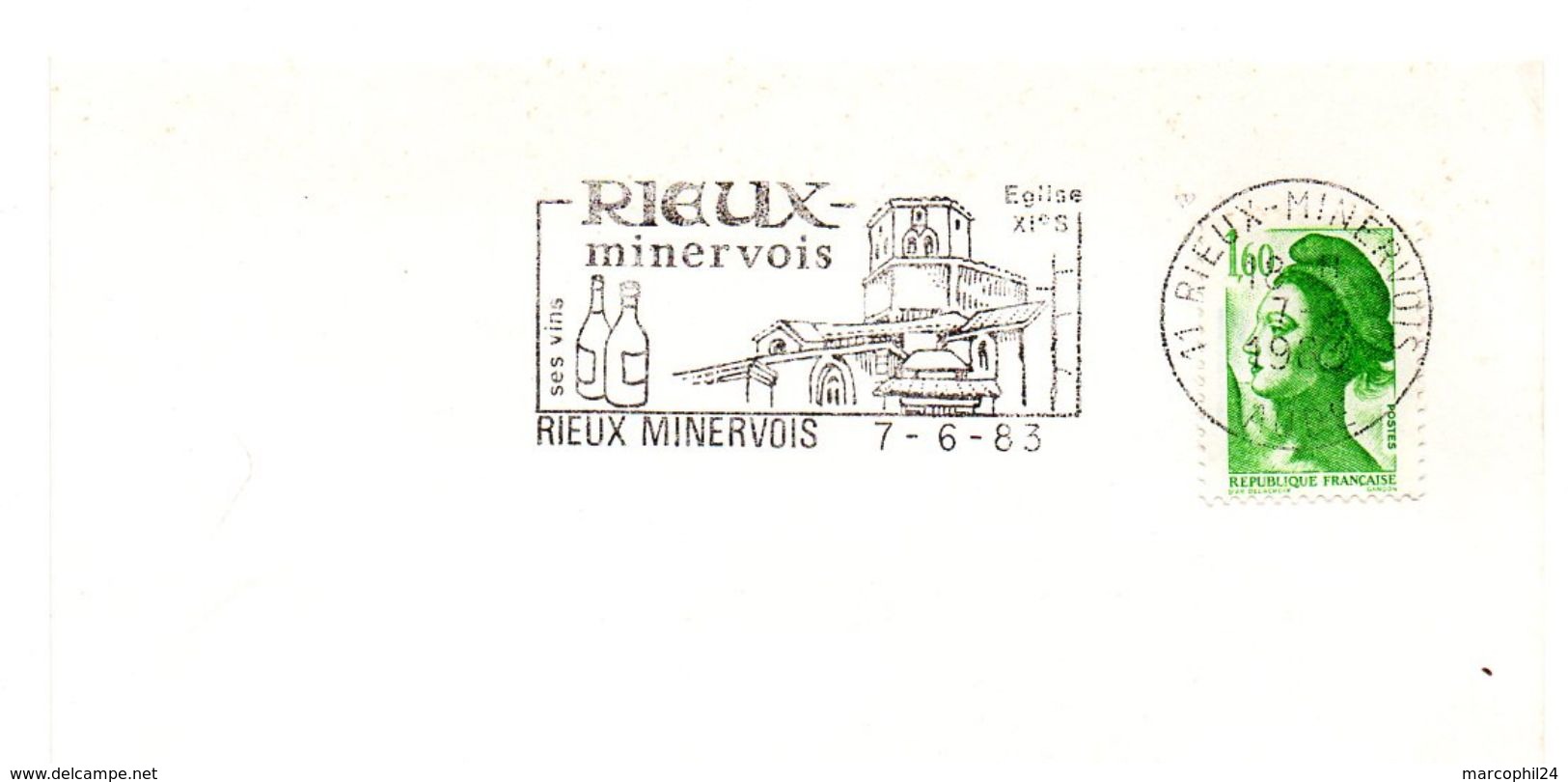 AUDE - Dépt N° 11 = RIEUX - MINERVOIS 1983 = FLAMME SUPERBE = SECAP Illustrée ' église / MINERVOIS / Vins ' - Annullamenti Meccanici (pubblicitari)