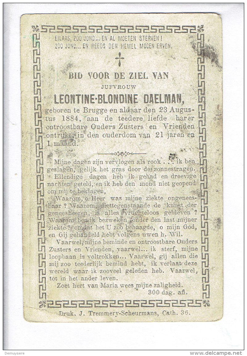 Dp 3213 -  LEONTINE DAELMAN - BRUGGE  EN ER OVERLEDEN 1884 - Images Religieuses