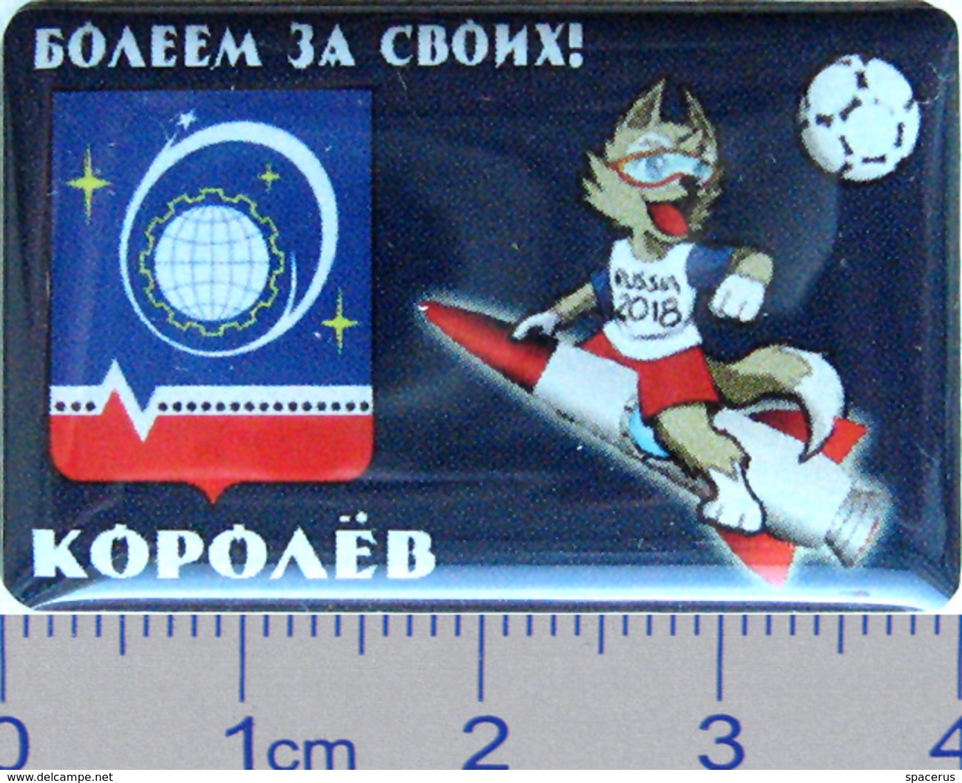 82-8 Space Sport Russian Pin.2018 FIFA World Cup Volk - Zabivaka. Korolev City Emblem. - Space