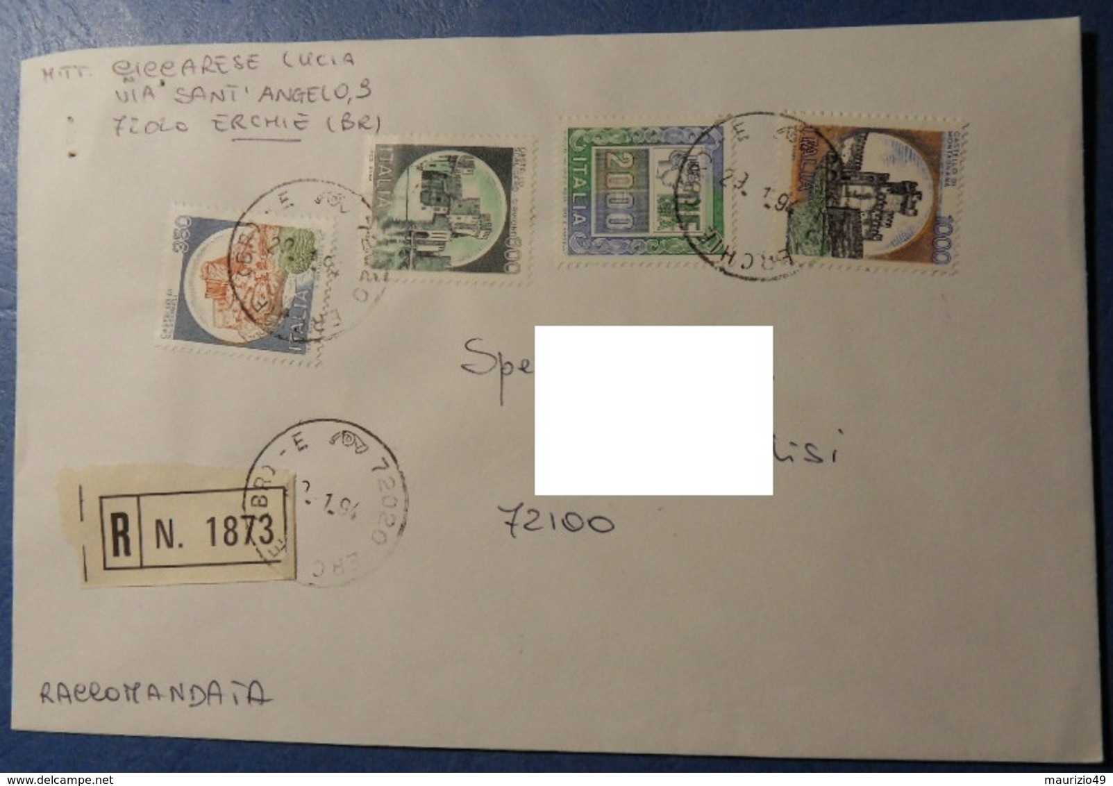 ERCHIE 1994 29 Gennaio Raccomandata Per BRINDISI Alti Valori 2000 L + Castelli 350 - 600 + 1000 Lire Con Colori Spostati - Varietà E Curiosità