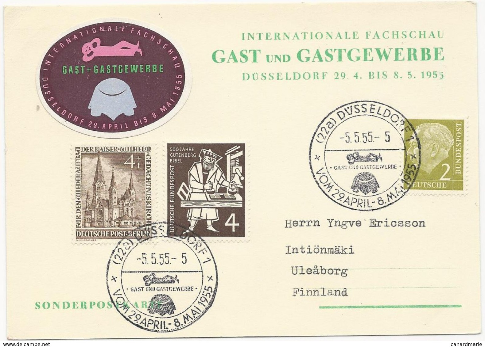 CARTE POSTALE 1955 AVEC 3 TIMBRES ET CACHET GAST UND GASTGEWERBE DÜSSELDORF - Covers & Documents