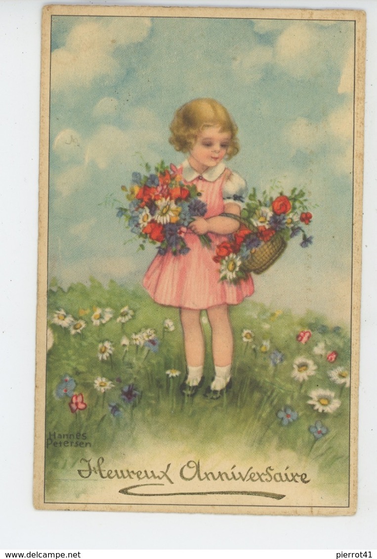 ENFANTS - LITTLE GIRL - Jolie Carte Fantaisie Fillette Avec Fleurs "Heureux Anniversaire" Signée HANNES PETERSEN - Petersen, Hannes