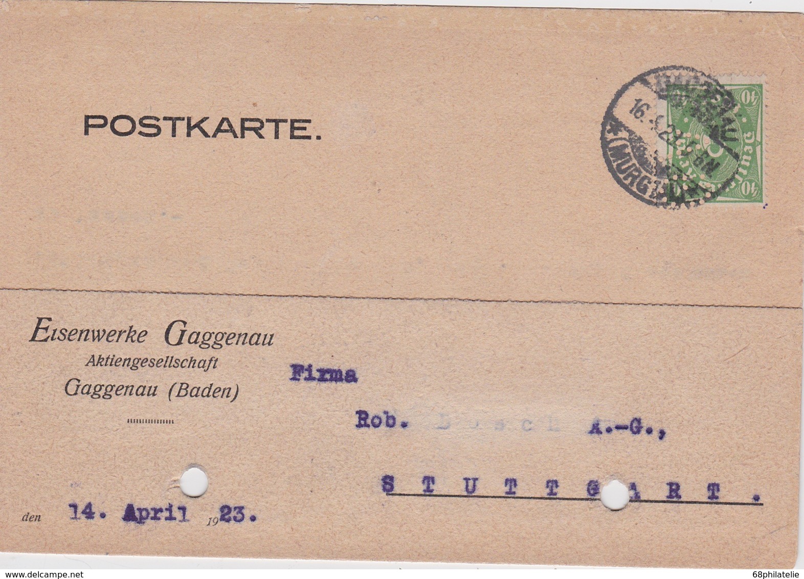 ALLEMAGNE 1923 CARTE DE GAGGENAU PERFORE/PERFIN - Covers & Documents