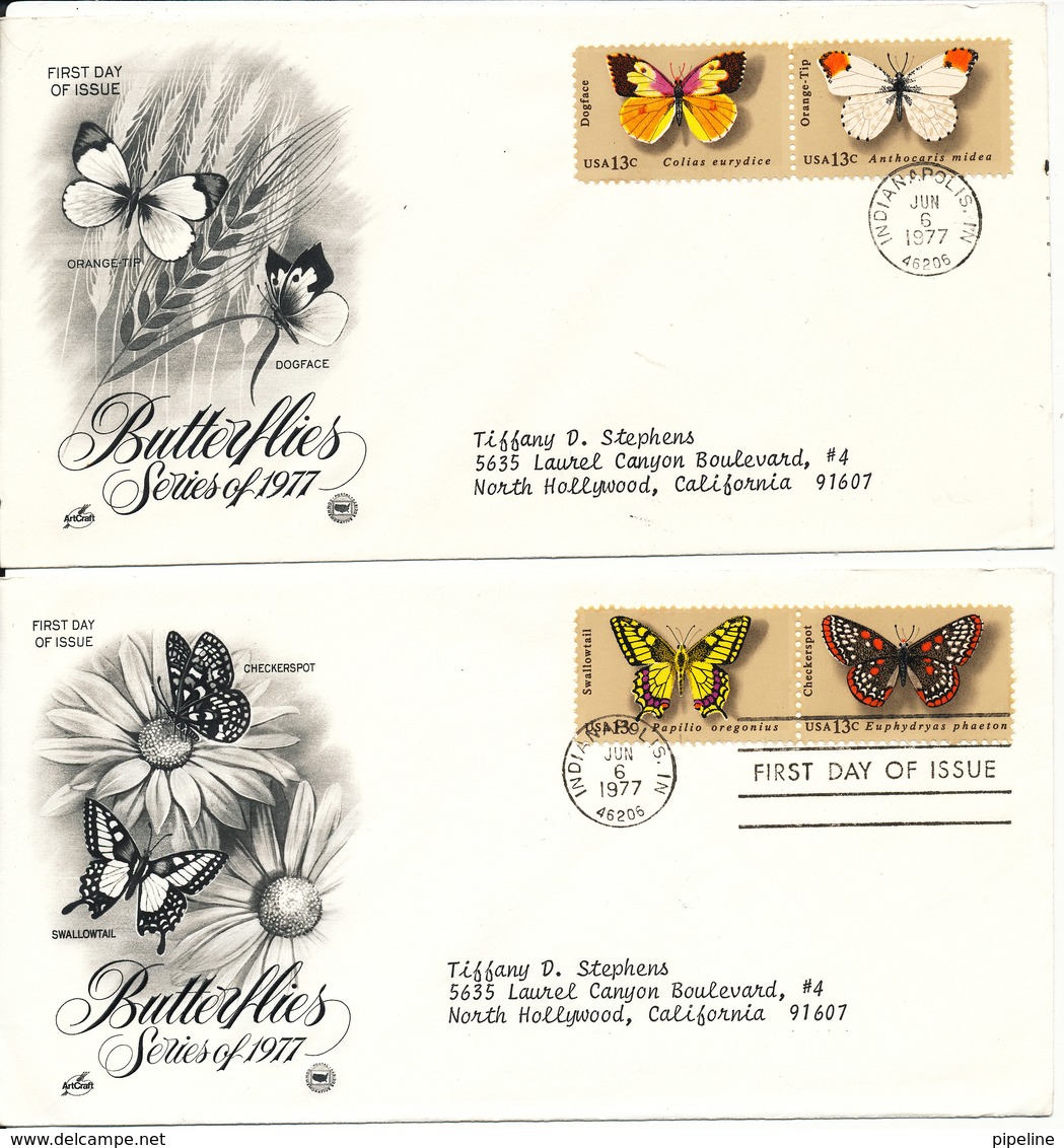 USA FDC 6-6-1977 4 Different Butterflies On 2 Covers With ArtCraft Cachet - Butterflies