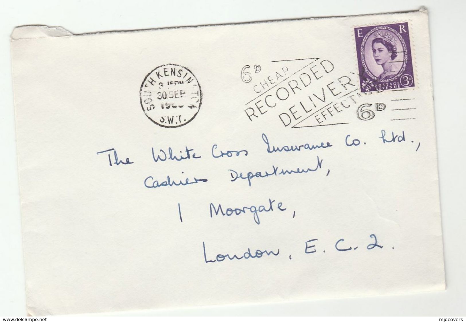 1963c South Kensington GB COVER SLOGAN Pmk '6d CHEAP EFFECTIVE RECORDED DELIVERY' Stamps - Covers & Documents