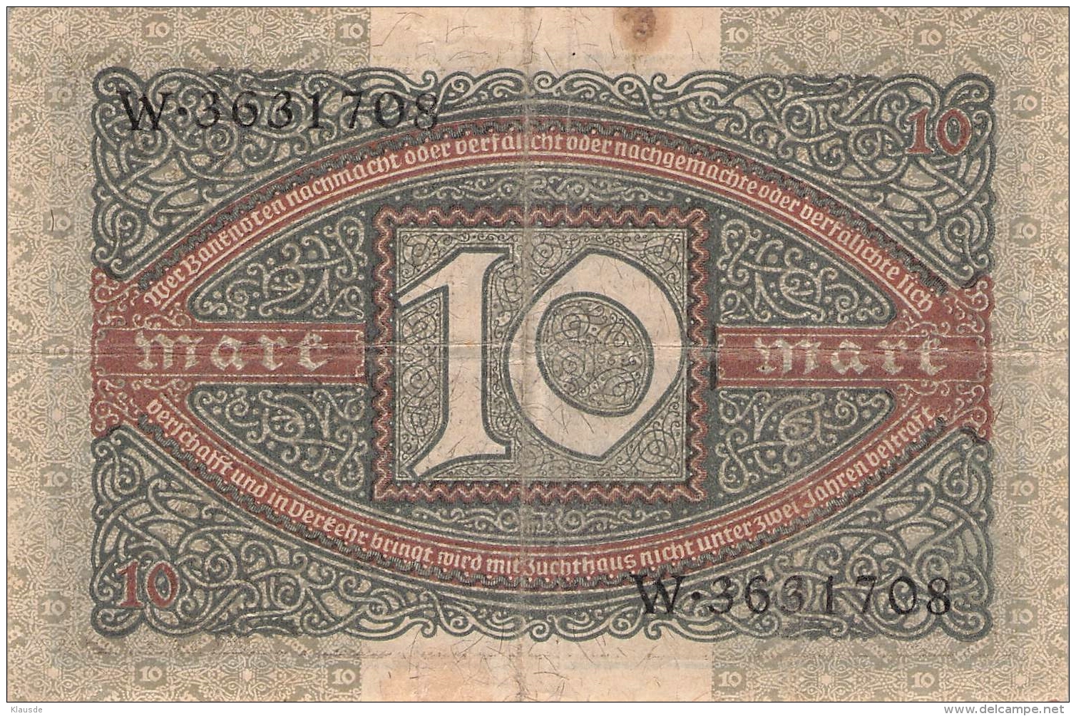 10 Mark ReichsbanknoteW 3631708 - 10 Mark