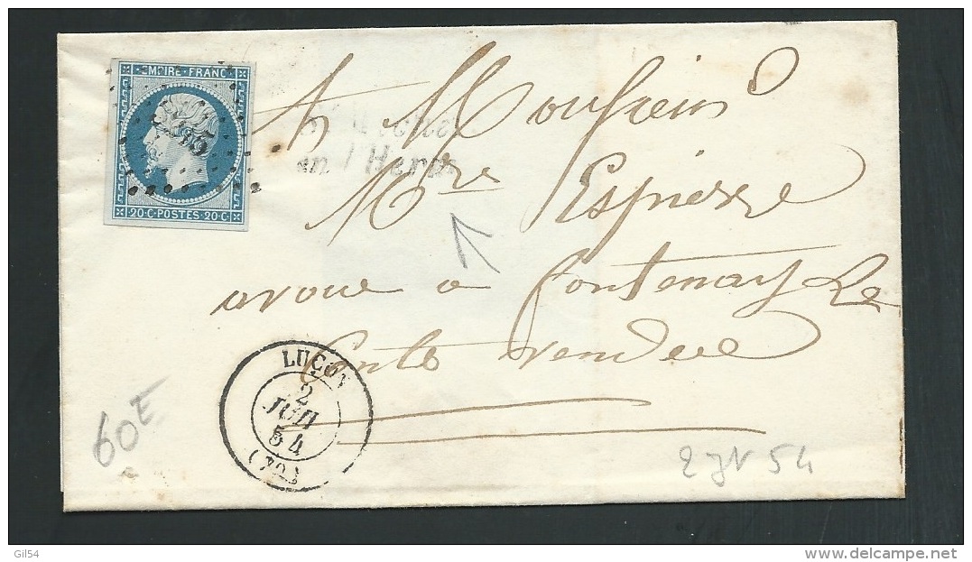 Lsc Affranchie Par Yvert N° 14 Obl  Petits Chiffres 3215  ( Cursive Mal Venue , St-Michel-en-l'Herm ) En 1854  Ax13012 - 1849-1876: Classic Period