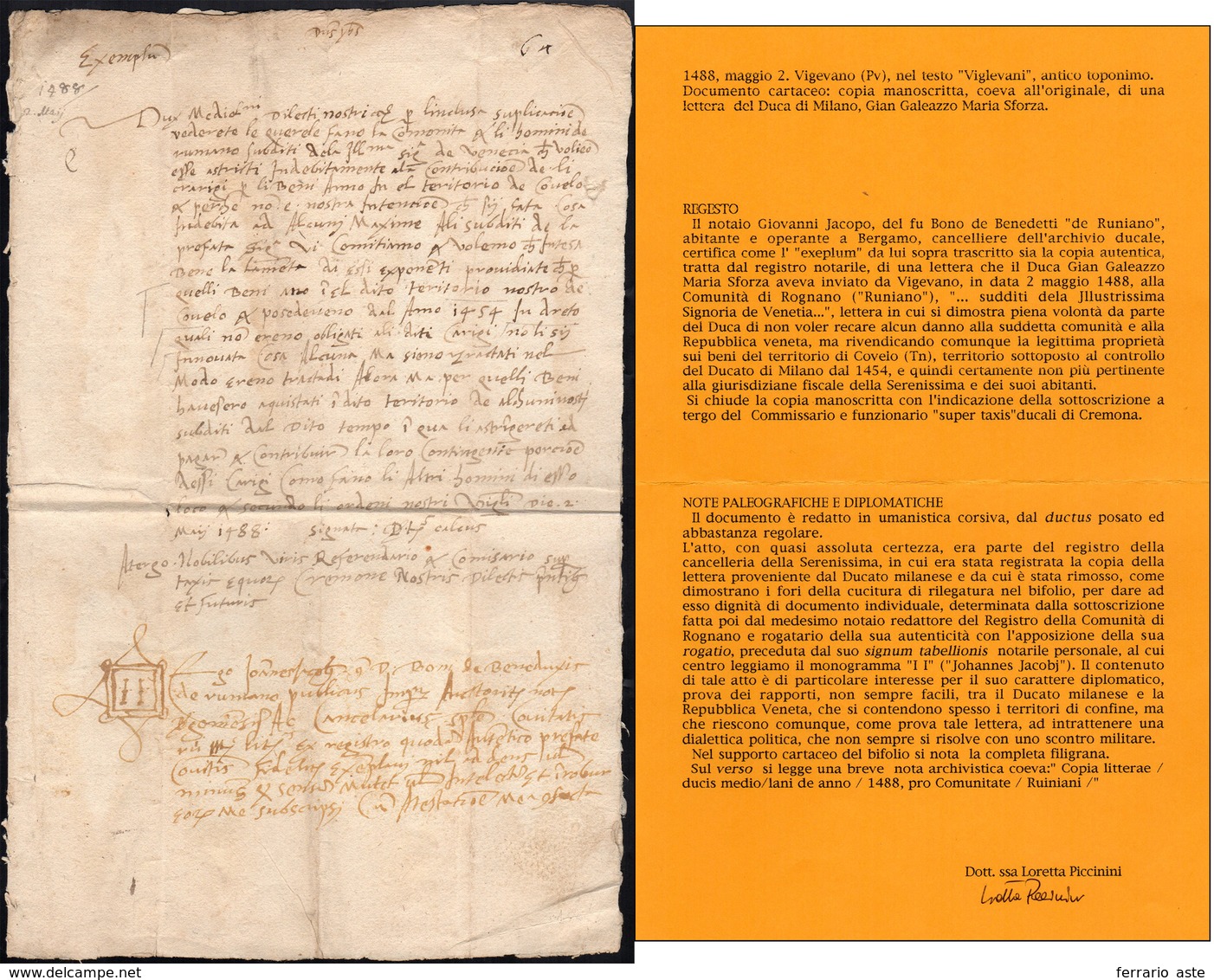 1 1488 - Copia Manoscritta, Coeva All'originale, Di Una Lettera Del Duca Di Milano Gian Galeazzo Maria... - Otros & Sin Clasificación