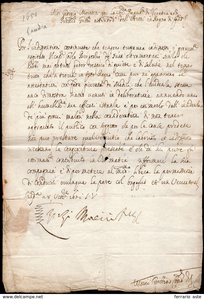 10 1651 - GIORGIO MOROSINI - Lettera Datata Candia 28/9/1651 A Firma Di Giorgio Morosini, Per Tre Anni ... - Altri & Non Classificati