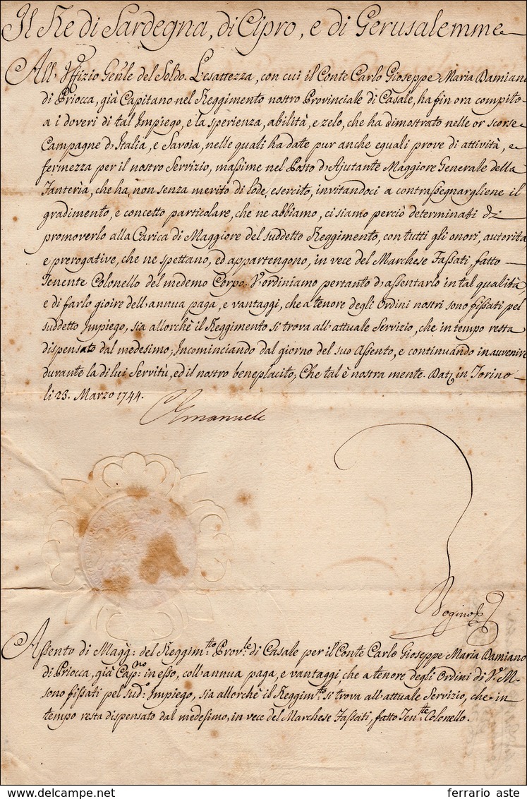 18 1744 - CARLO EMANUELE III - Lettera Di Nomina Di Un Maggiore Di Reggimento A Firma Autografa Di Carl... - Andere & Zonder Classificatie