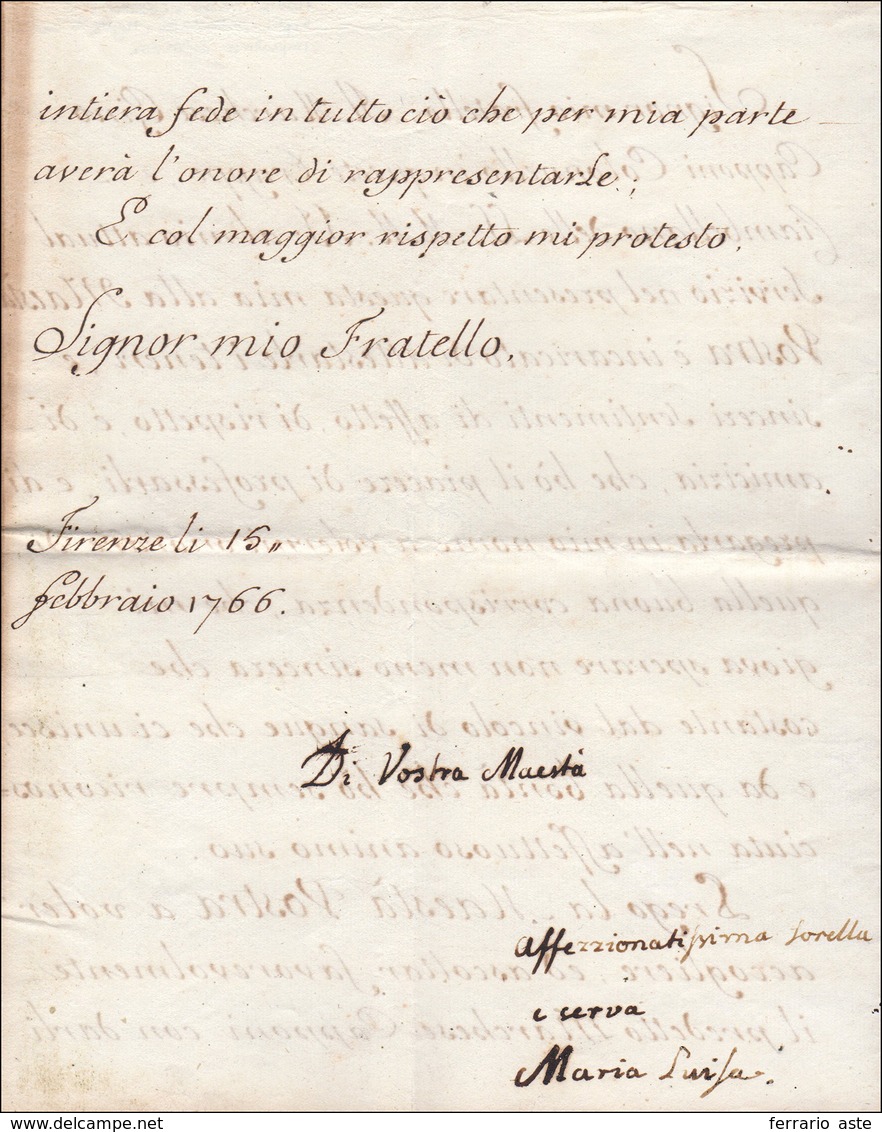 21 1766 - MARIA LUISA DI BORBONE - Lettera Da Firenze 15/2/1766 A Firma Di Maria Luisa Di Borbone, Mogl... - Other & Unclassified