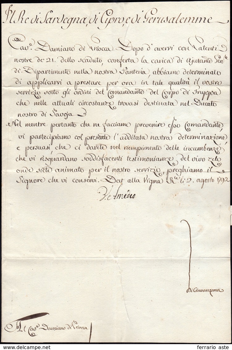 22 1792 - VITTORIO AMEDEO III - Lettera Datata 2/8/1792 A Firma Di Vittorio Amedeo III Di Savoia, Re Di... - Sonstige & Ohne Zuordnung