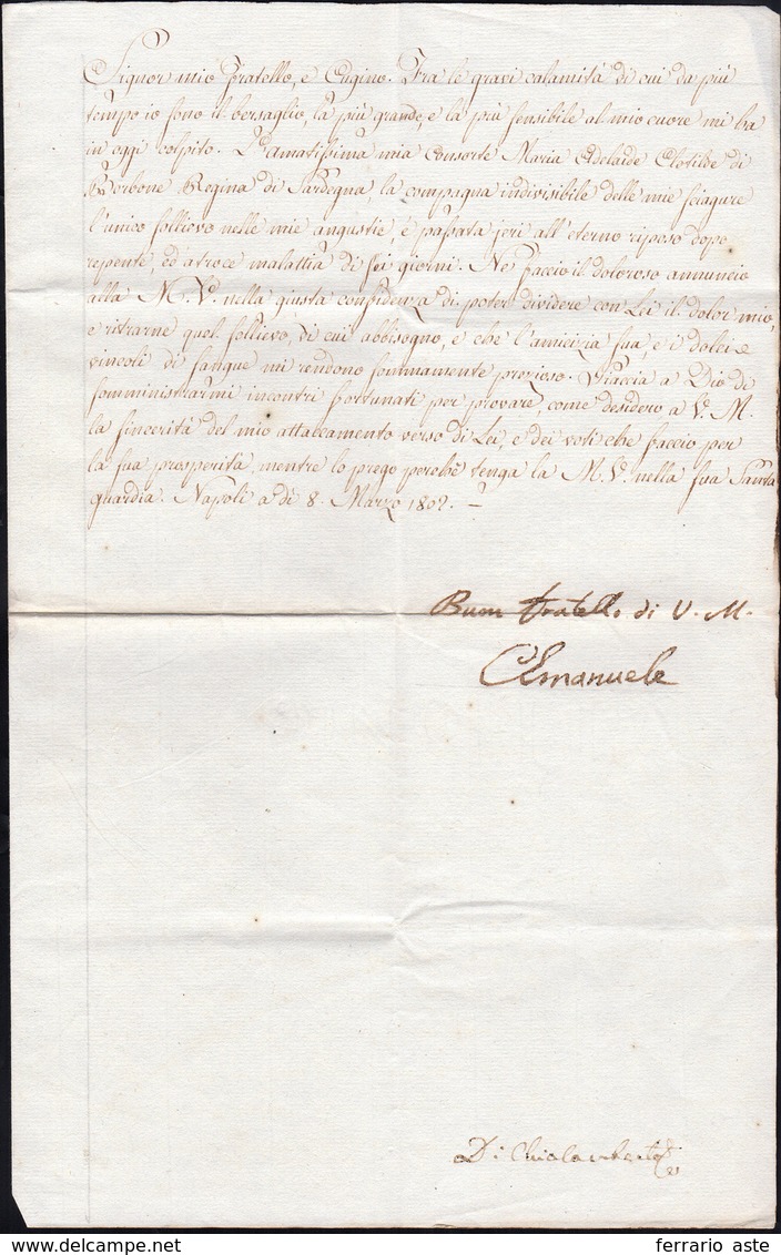 24 1802 - CARLO EMANUELE IV - Lettera Datata Napoli 8/3/1802 A Firma Di Carlo Emanuele IV, Re Di Sardeg... - Altri & Non Classificati