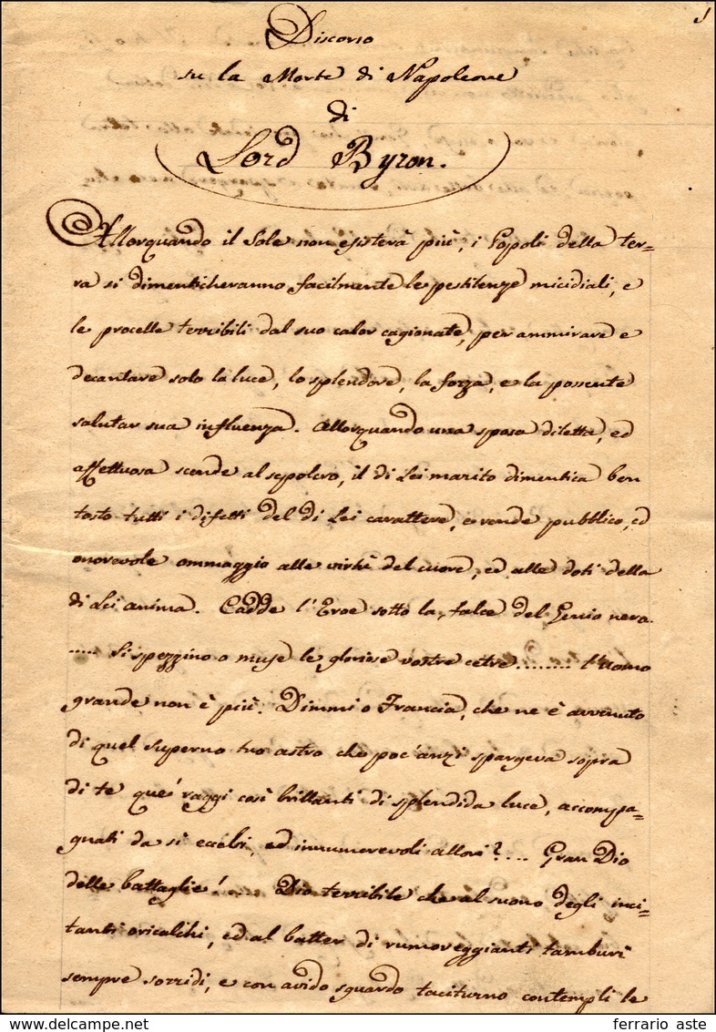 26 1814 - Copia Manoscritta Del Discorso Su "La Morte Di Napoleone" Di Lord Byron In 13 Pagine. Interes... - Autres & Non Classés