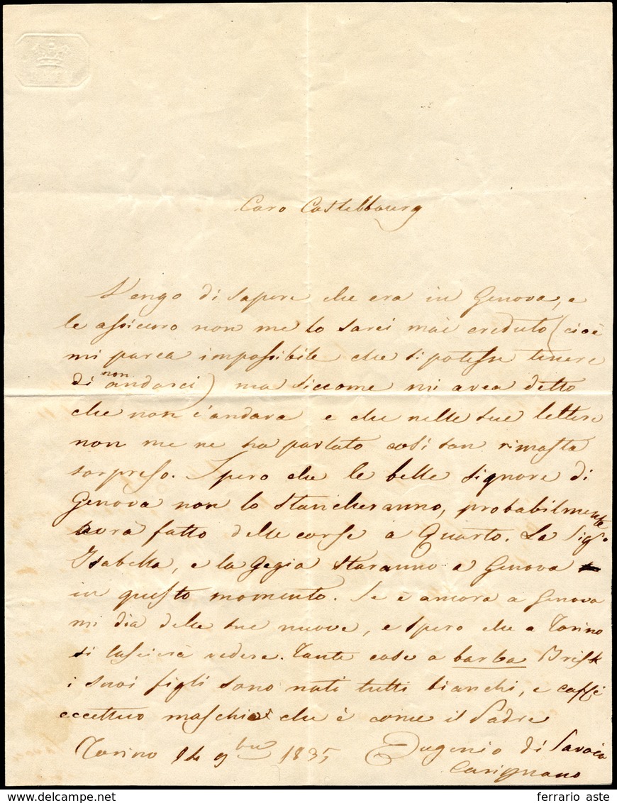 31 1835 - EUGENIO DI SAVOIA CARIGNANO - Lettera Autografa Scritta A Torino 14/11/1835 Con Firma. Rare L... - Autres & Non Classés