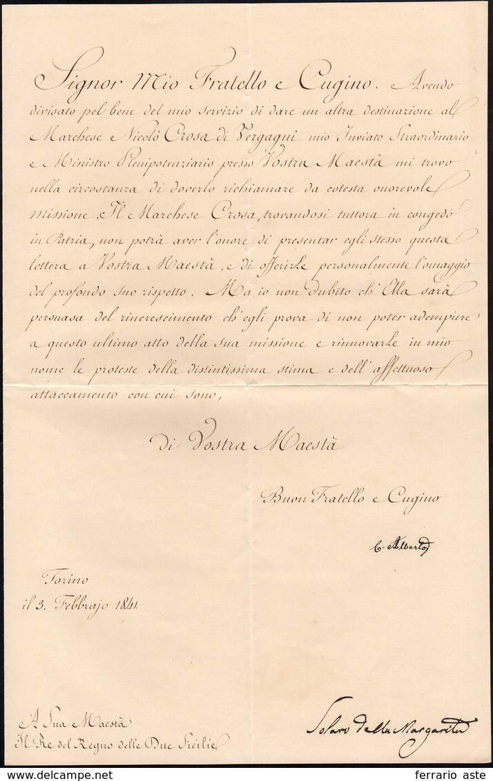 32 1841 - CARLO ALBERTO DI SAVOIA - Lettera Datata Torino 3/2/1841 A Firma Di Carlo Alberto, Re Di Sard... - Sonstige & Ohne Zuordnung