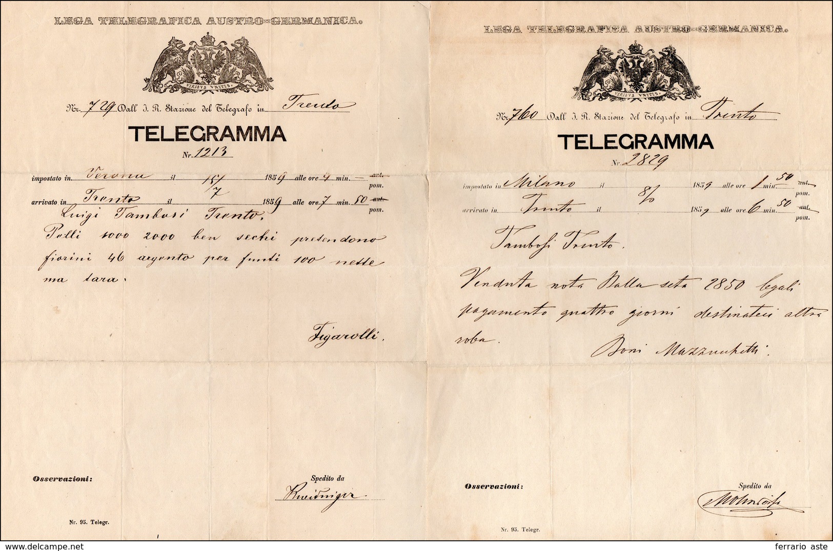 36 1859 - TELEGRAFI - 2 Modelli Di Telegramma, Uno Da Verona 15/7/1859, Periodo Risorgimentale, L'altro... - Andere & Zonder Classificatie