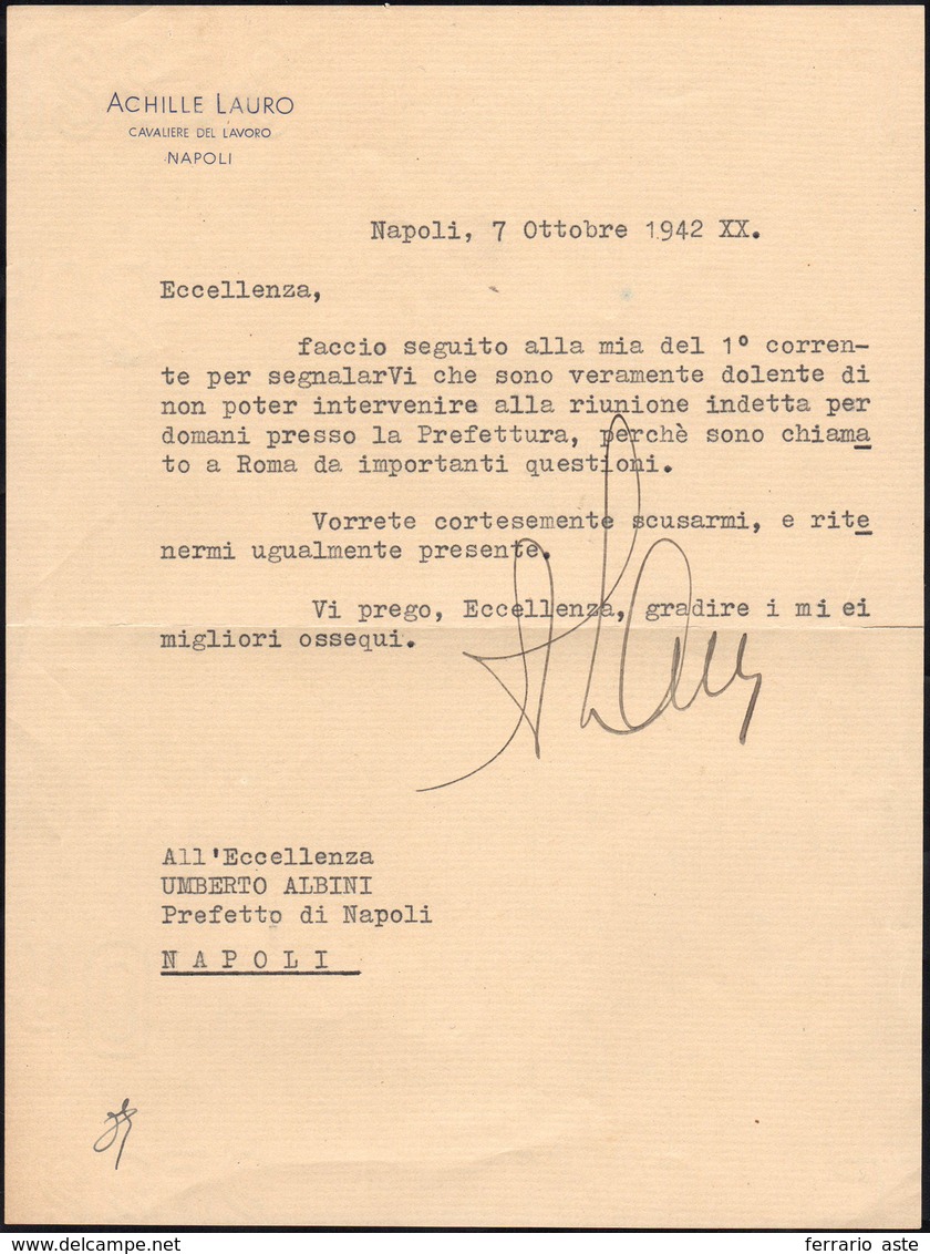 43 1942 - ACHILLE LAURO - Lettera Dattiloscritta Datata Napoli 7/10/1942 A Firma Di Achille Lauro, Arma... - Otros & Sin Clasificación