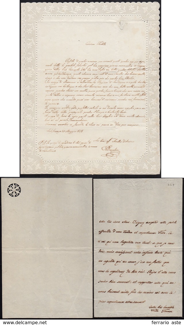89 1838 - Due Carte Da Lettere, Una Con Decoro Traforato Sul Bordo, L'altra Con Fine Impressione A Secc... - ...-1850 Préphilatélie