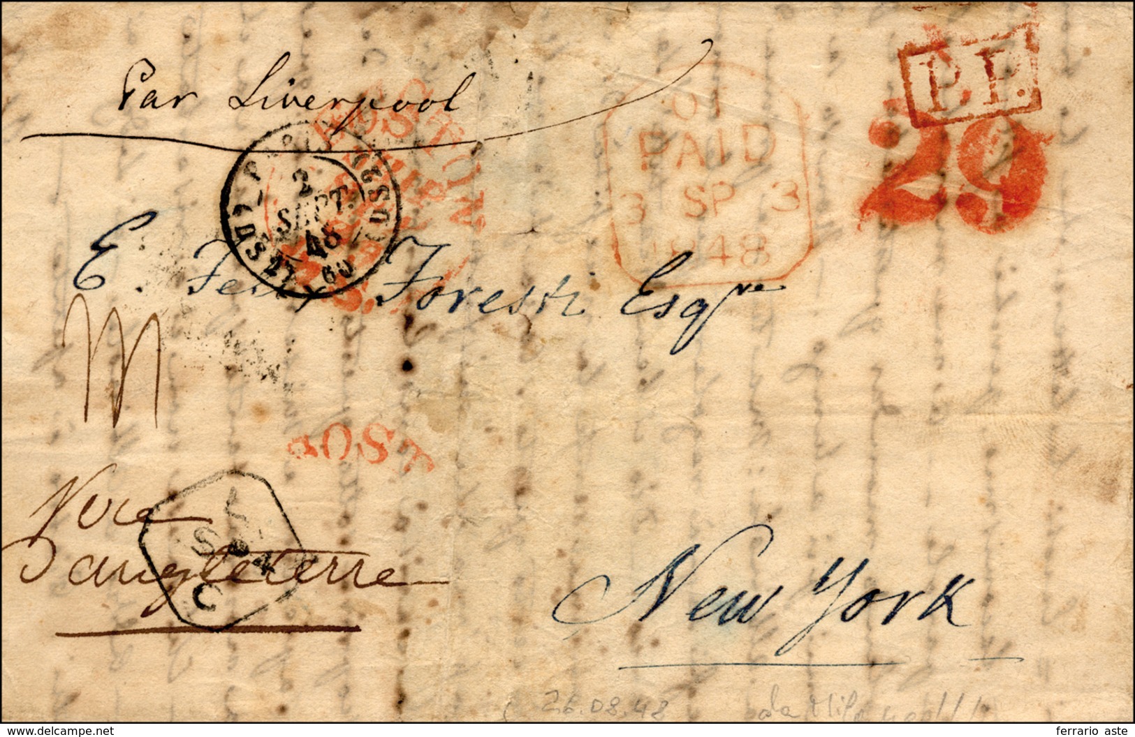 119 1848 - Lettera Non Affrancata, Scritta A Milano 26/8/1848 E Indirizzata A New York, Probabilmente Fo... - Lombardo-Venetien