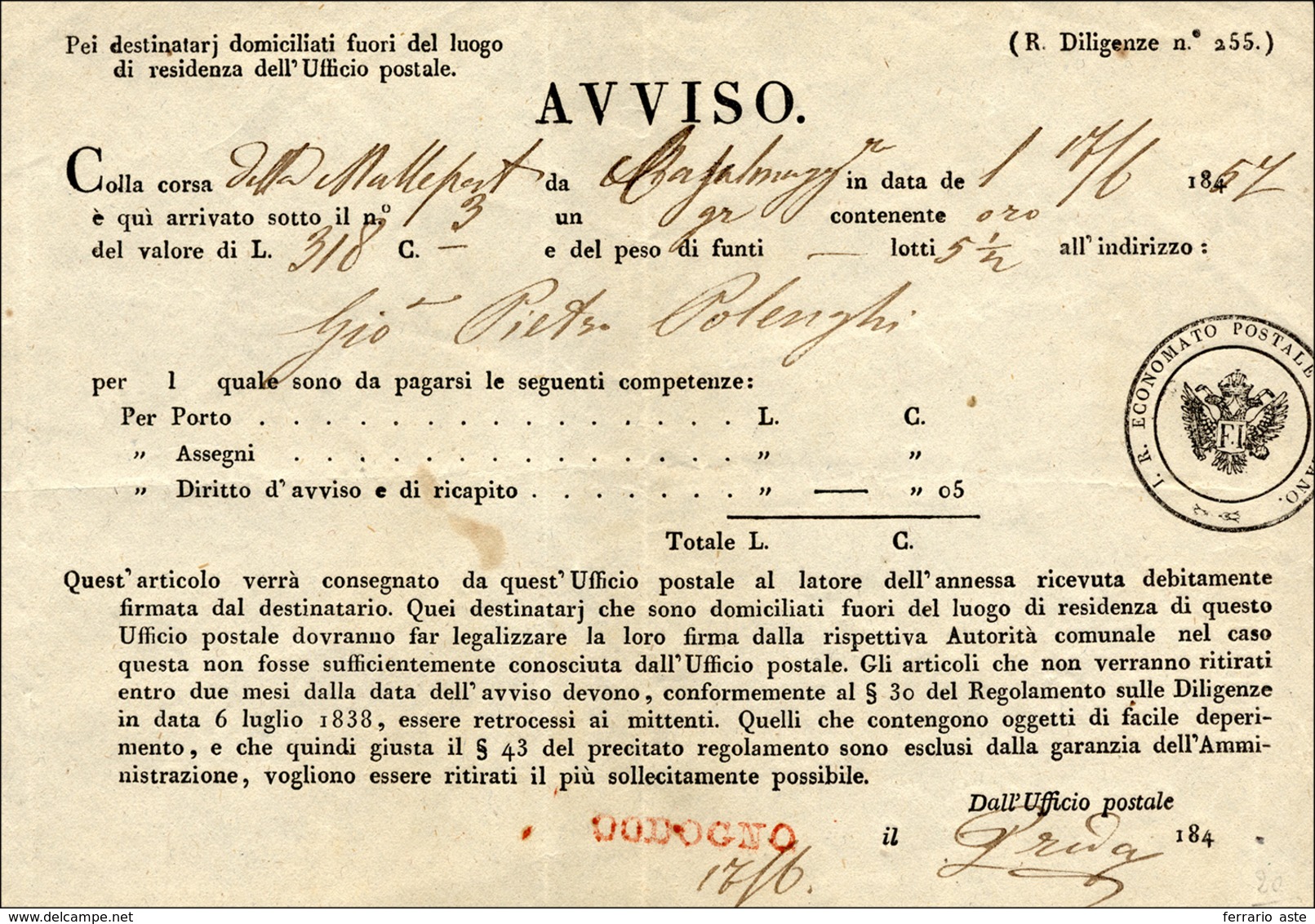 122 1857 - Avviso Per Un Gruppo Contenente Oro Con La Corsa Della Malleposta Da Casalmaggiore 17/6/1857 ... - Lombardo-Vénétie