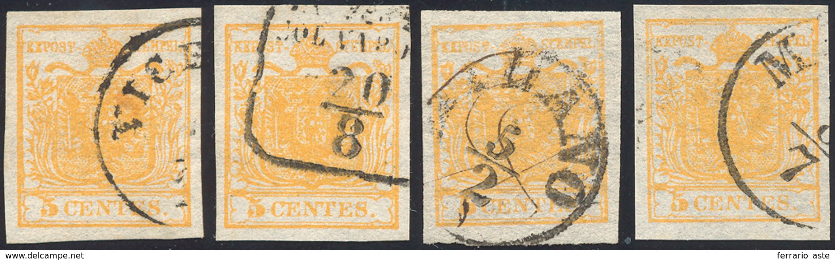 126 1850 - 5 Cent. Arancio (1), Quattro Esemplari Usati, Perfetti.... - Lombardo-Venetien