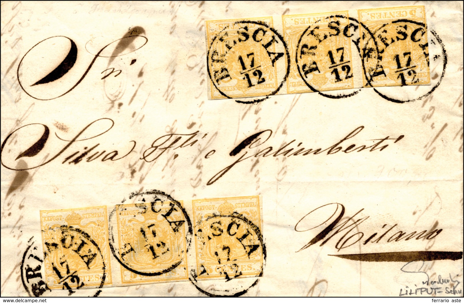 128 1852 - 5 Cent. Giallo Ocra (1), Due Strisce Di Tre, Ritagliate Lilliput, Su Lettera Da Brescia 17/12... - Lombardo-Vénétie