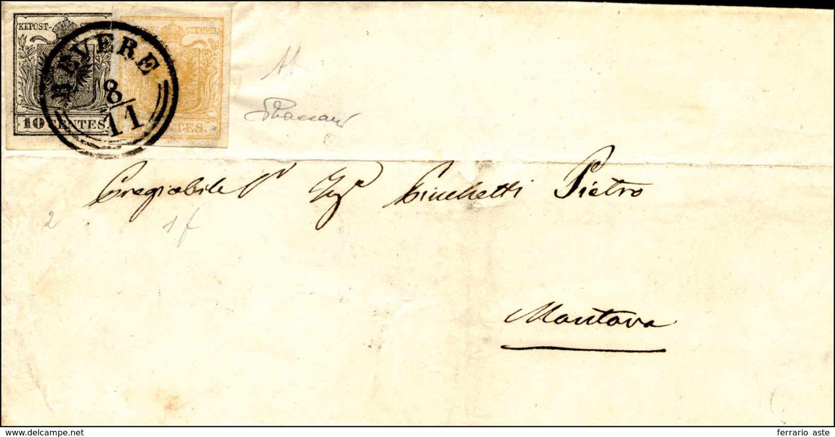 129 1852 - 5 Cent. Giallo Ocra, 10 Cent. Nero (1,2), Perfetti, Su Lettera Da Revere 8/11/1852 A Mantova.... - Lombardo-Venetien