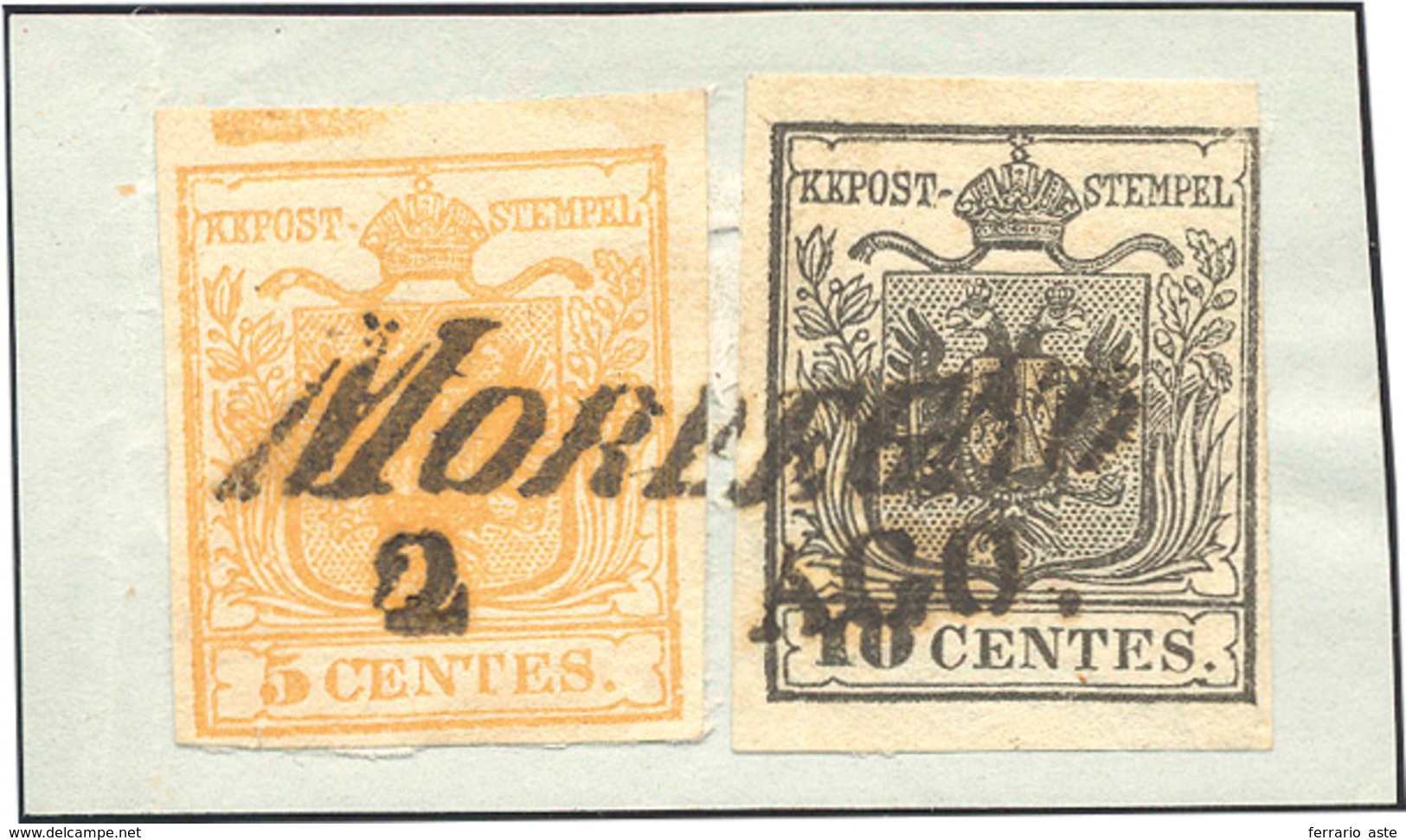 133 1850 - 5 Cent. Giallo Ocra, Spazio Tipografico In Alto, 10 Cent. Nero (1m,2), Perfetti, Usati Su Fra... - Lombardo-Vénétie