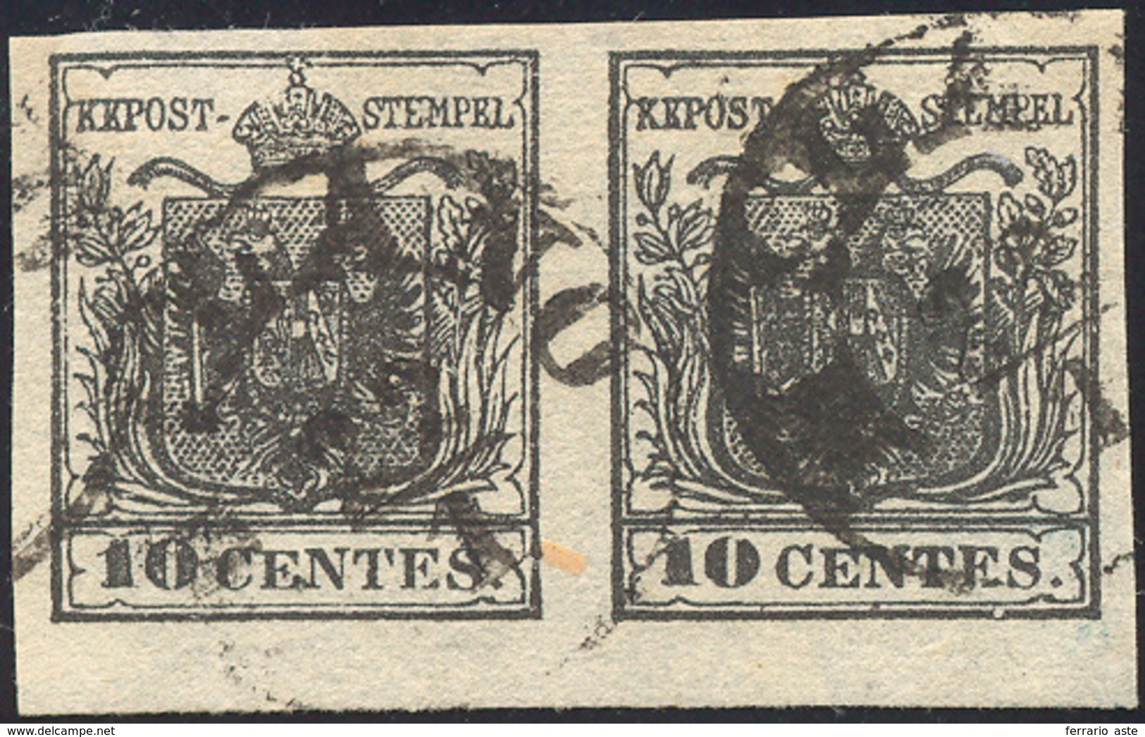 134 1850 - 10 Cent. Nero (2), Coppia Usata Perfetta. Ampi Margini.... - Lombardo-Vénétie