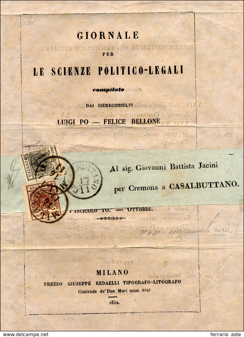 135 1852 - 10 Cent. Nero, Mal Tagliato, 30 Cent. Bruno, Perfetto (2,7f), Su Stampato In Esatta Tariffa D... - Lombardo-Venetien