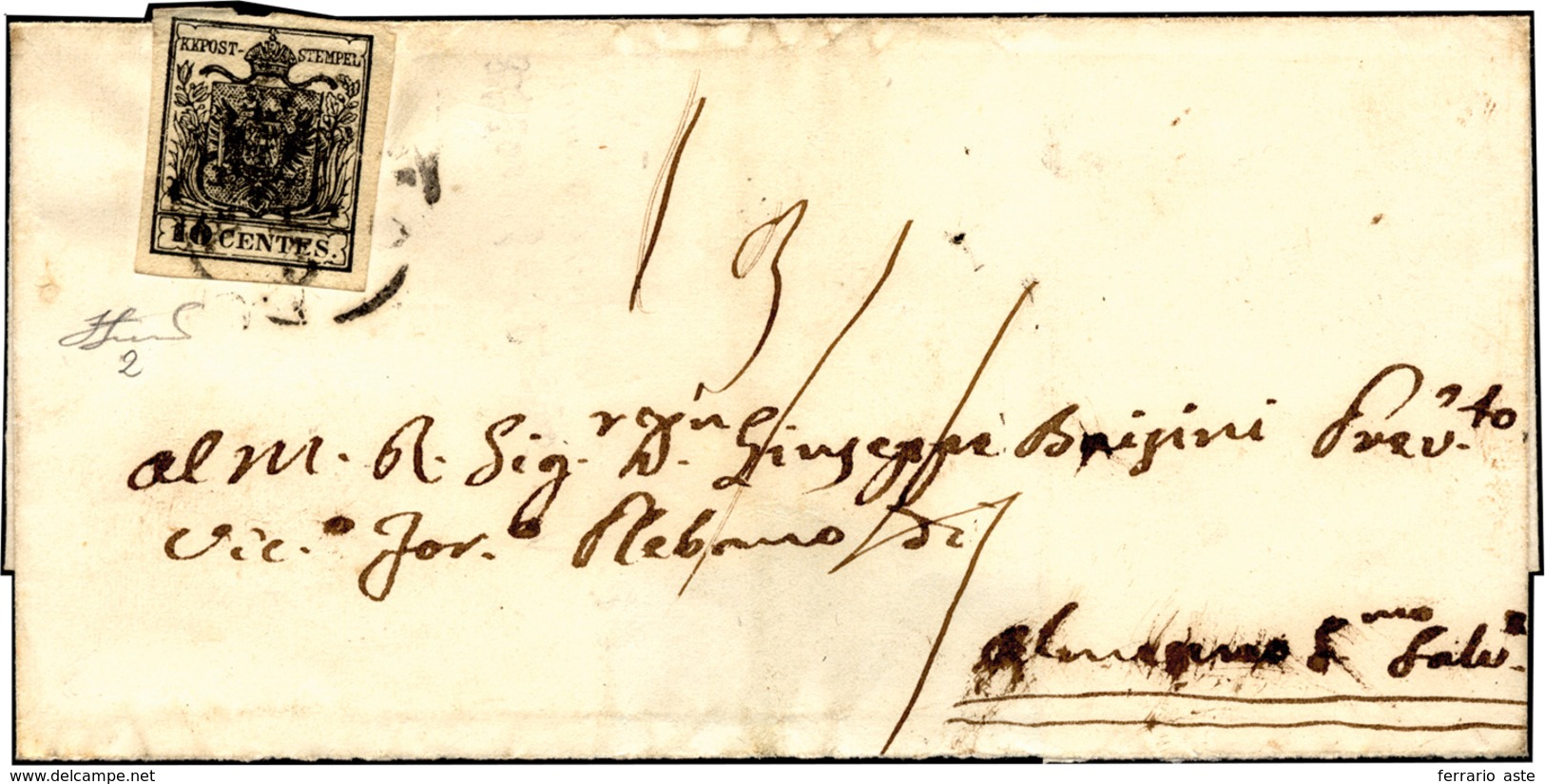 136 1857 - 10 Cent. Nero (2), Perfetto, Isolato Su Sovracoperta Di Lettera, Da Bergamo 16/3/1857 Ad Alme... - Lombardo-Vénétie