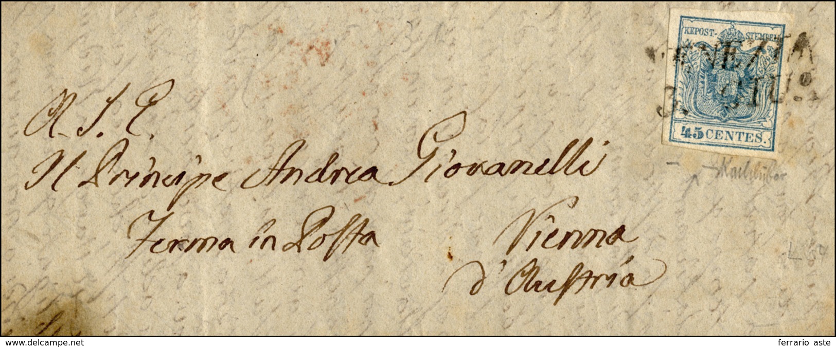 151 1850 - 45 Cent. Azzurro Chiaro, Prima Tiratura (10a), Perfetto, Su Lettera Da Venezia 3/6/1850 A Vie... - Lombardo-Vénétie