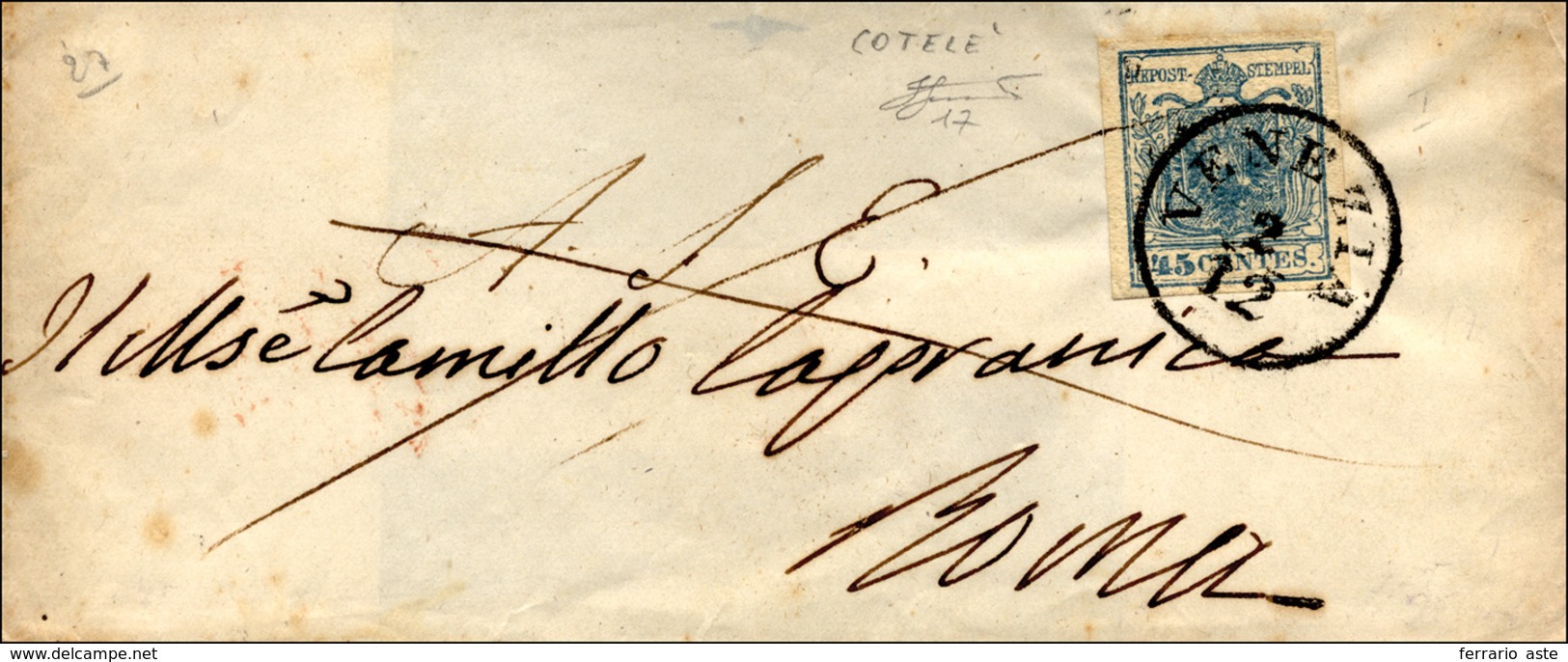 157 1853 - 45 Cent. Azzurro, I Tipo, Carta A Coste Verticali (17), Perfetto, Su Sovracoperta Di Lettera ... - Lombardo-Venetien